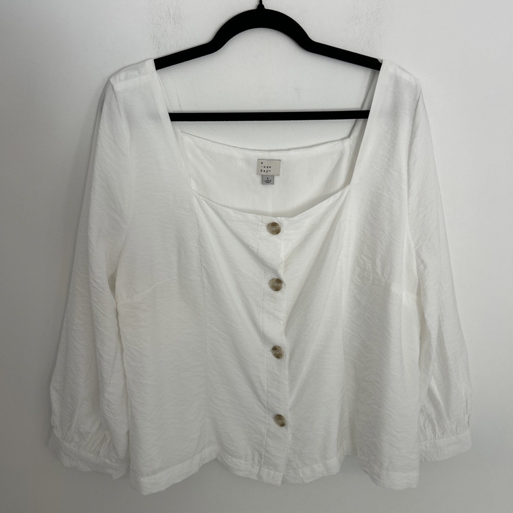 A New Day NWOT Large White Long Balloon Sleeves Square Neck Button Up Blouse